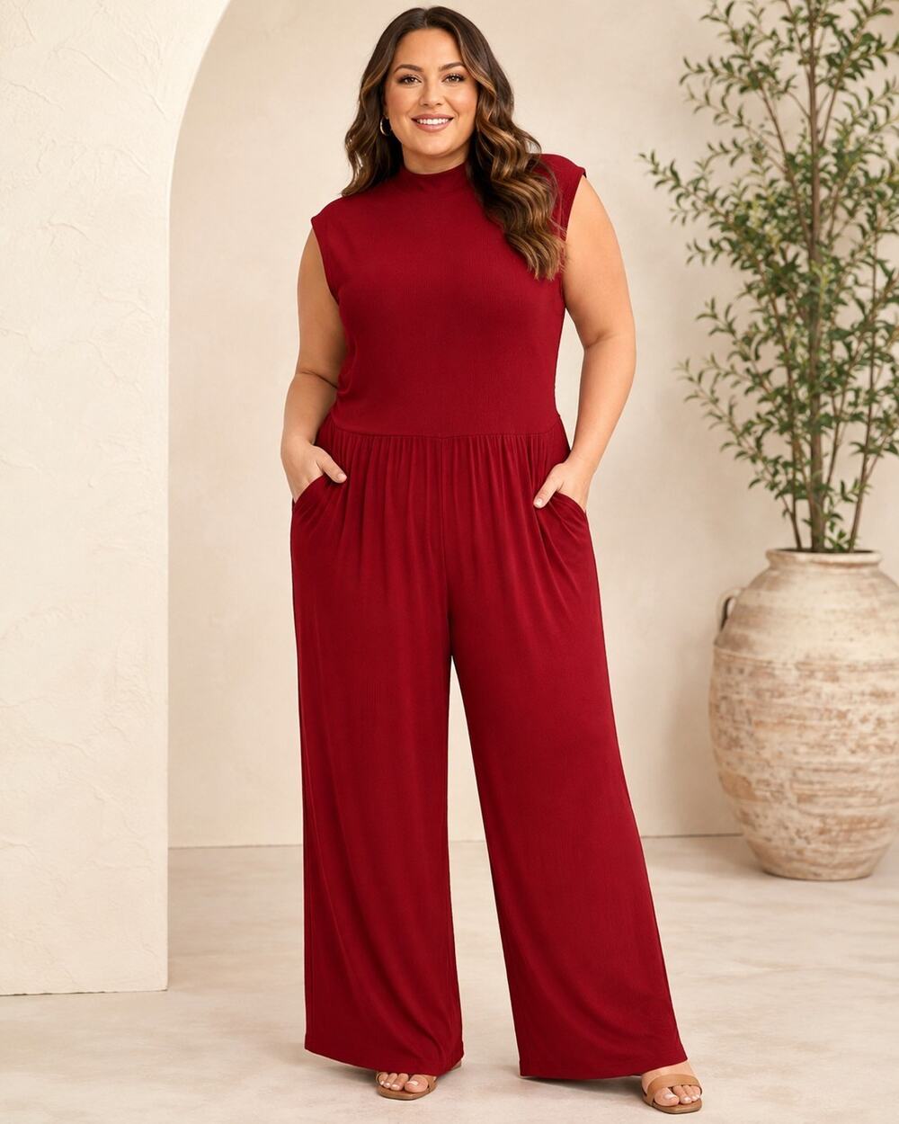 PRETTYGARDEN Red/Burgundy Ribbed Wide Leg Jumpsuit XXL NWT Sleeveless Mock Neck